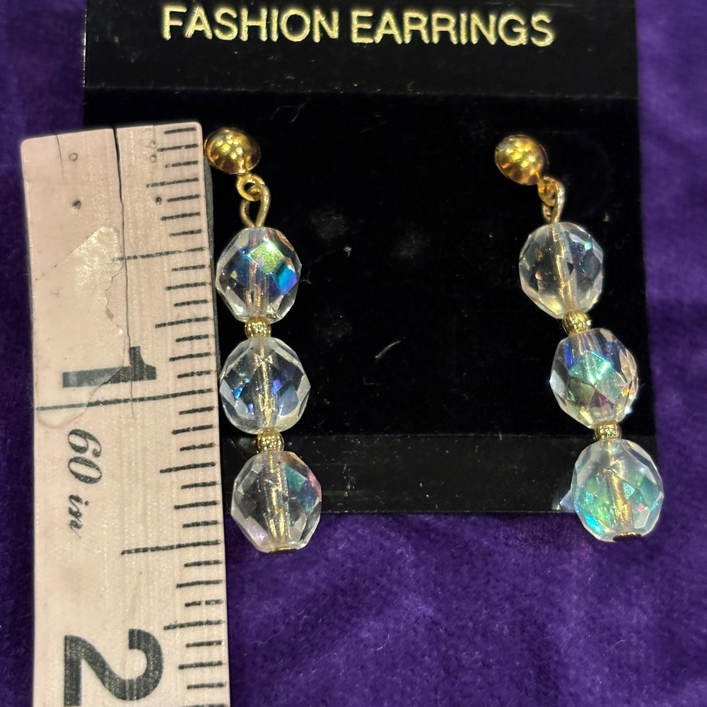 Iridescent Aurora Borealis Triple Bead Dangle Fashion Jewelry Drop Earrings - Picture 4 of 5